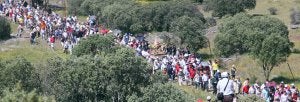 Numerosos fieles acompañan la imagen de la Virgen del Castillo en su camino hacia la ermita, durante la romería celebrada ayer en Bernardos :: ANTONIO TANARRO/