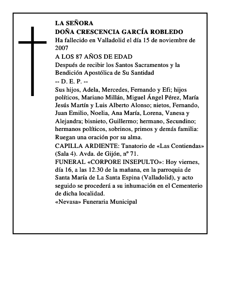 DOÑA CRESCENCIA GARCÍA ROBLEDO