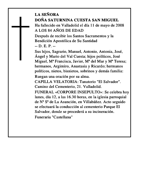 DOÑA SATURNINA CUESTA SAN MIGUEL