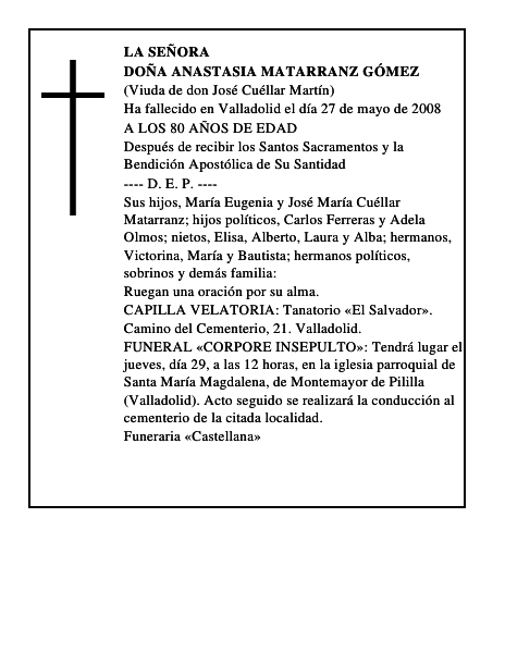 DOÑA ANASTASIA MATARRANZ GÓMEZ
