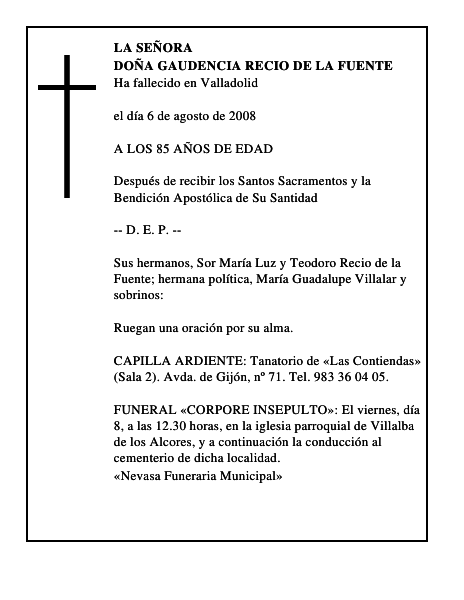 DOÑA GAUDENCIA RECIO DE LA FUENTE