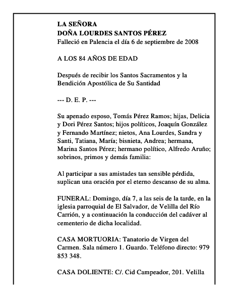 DOÑA LOURDES SANTOS PÉREZ