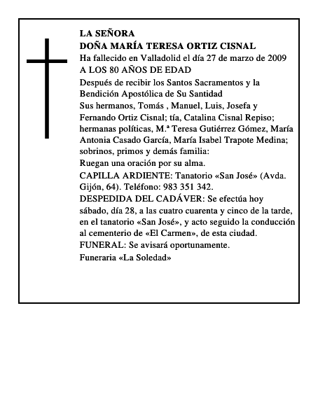 DOÑA MARÍA TERESA ORTIZ CISNAL