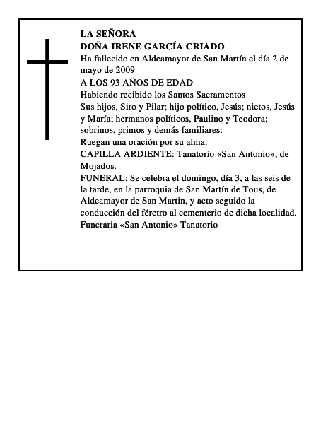 DOÑA IRENE GARCÍA CRIADO