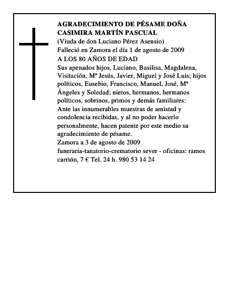 AGRADECIMIENTO DE PÉSAME DOÑA CASIMIRA MARTÍN PASCUAL