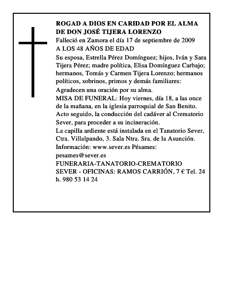 ROGAD A DIOS EN CARIDAD POR EL ALMA DE DON JOSÉ TIJERA LORENZO