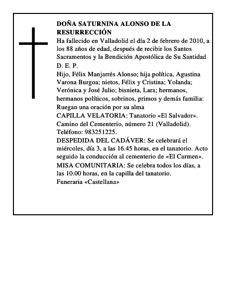 Doña Saturnina Alonso de la Resurrección