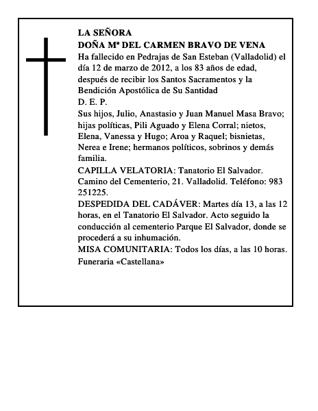 Doña Mª del Carmen Bravo de Vena