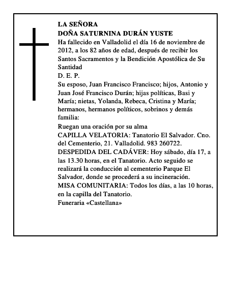 Doña Saturnina Durán Yuste