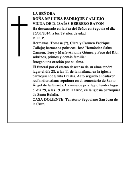 Doña Mª Luisa Fadrique Callejo