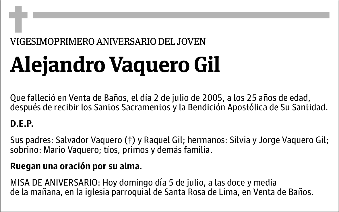 Esquela Xxi Aniversario Alejandro Vaquero Gil